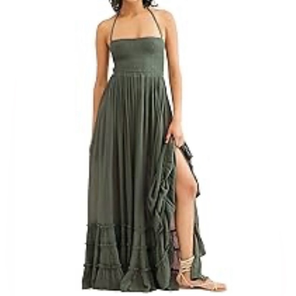 Bohemian Minimalist Summer 
Backless Maxi Dress Olive Green 
Size Small - Picture 2 of 7